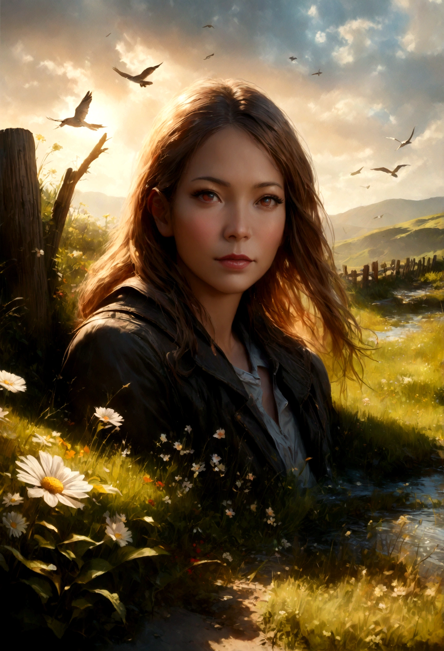 a calm countryside field with a fish-eye perspective, rolling hills, lush green grass, wildflowers blooming, old wooden fence, winding river, sun rays streaming through clouds, birds flying overhead, atmospheric lighting, dreamlike, ethereal, vibrant colors, photorealistic, 4k, (best quality,4k,8k,highres,masterpiece:1.2),ultra-detailed,(realistic,photorealistic,photo-realistic:1.37)