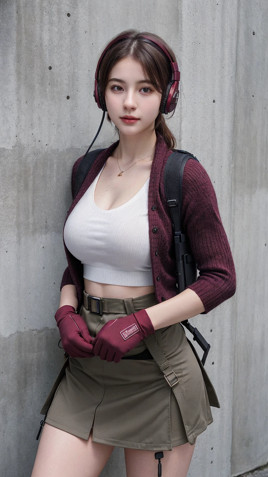 ((best quality)), photorealistic, photorealism, Photorealistic, high resolution, 1girl aiming with an assault rifle, Beautiful, Baby Face, 20 Years Old, White Skin, pale skin, Large Breasts, huge breast, Combat pose, looking at the camera, (Detailed face), short hair, sexy body, (wearing maroon cardigan and skirt, tactical vests, military harness, black gloves, high-tech headset), cloths color based on maroon), revealed thigh, Gun, Fingers are occluded, concrete cafe background,