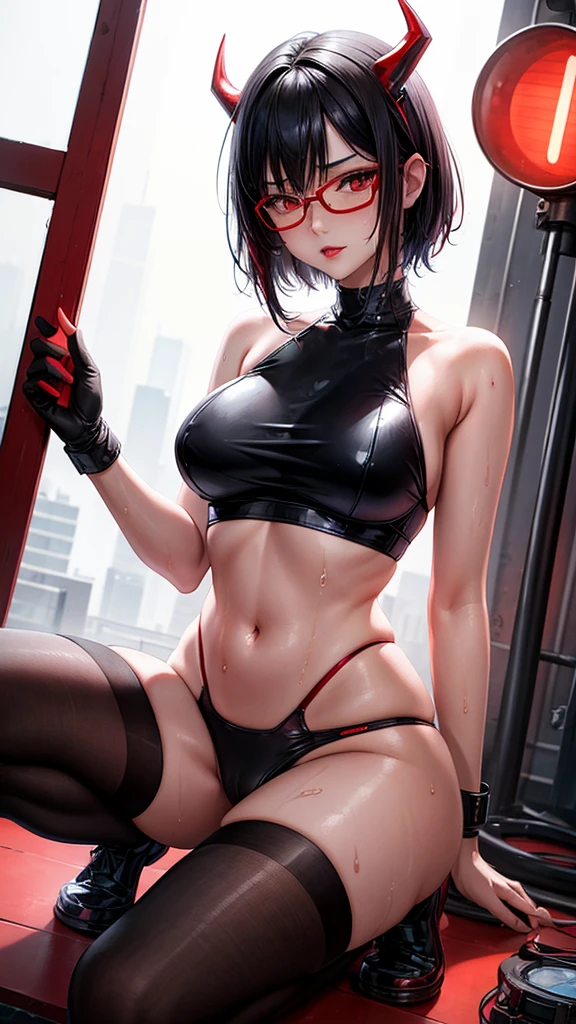Beautiful girl,Korea, sitting on red light neon, futuristic,
18 years old,Short hair, shoulder length,black hair, big breasts,wet, sweat, camel toe, red lips ,Wear glasses,
White underwear, sexy pose,
red eyes, cyberpunk world, Squat and spread your legs. Sexy lady, naked girl,
Two horns and a red demon tail, succubus,