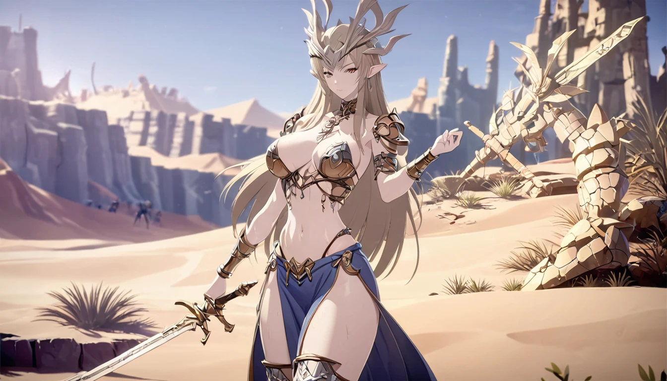  Final Fantasy Tactics Characters, mystical atlantean valkyrie, Mysterious Valkyrie,Close-up of a girl holding a sword,whole body ,Full breasts，Fit your body， Ultra-detailed fantasy characters, Complex and beautiful anime CGI style, Suitable for a white-horned succubus, 4k detail fantasy, Highly detailed iconic characters, Handsome Biomechanical Elf, Complex fantasy characters, High detail and very sharp and intricate art. Octan Rendering, 3D rendering 8k character art , desert , ruins of a castle