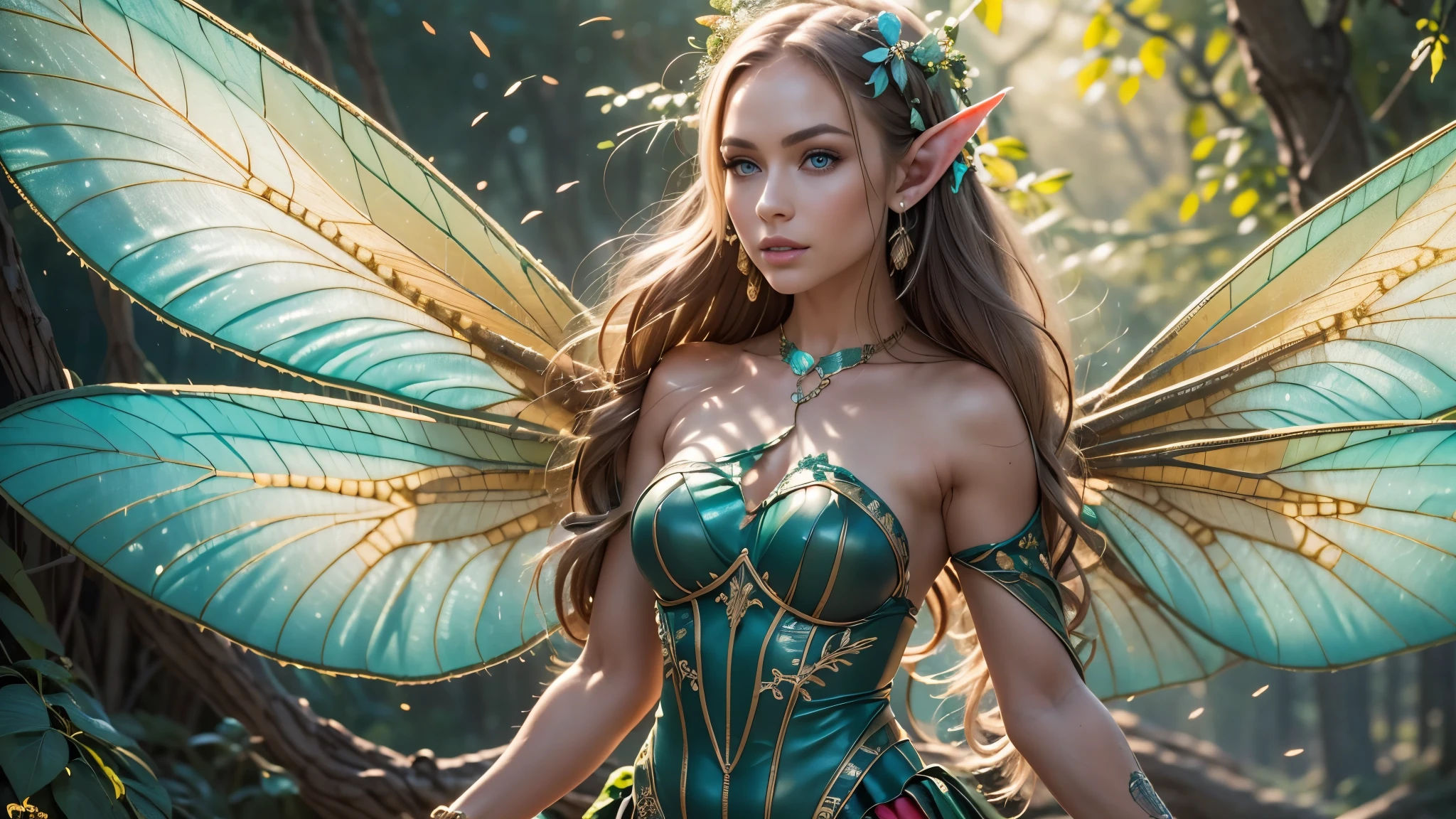 Beautiful faerie woman, elf ear, flying, centered holographic dragonfly wings, balanced wings, glowing blue eyes, detailed proportional hand, proportional body, firm breast, silk tutu, frank Frazzetta painting style, (Best Quality:1.4), (Ultra-detailed), (extremely detailed CG unified 8k wallpaper), Highly detailed, RAW Photos, Professional Photography, plein air, Illumination, (Super fancy photos:1.4), (Dazzling light), Radiant Photography, depth of fields