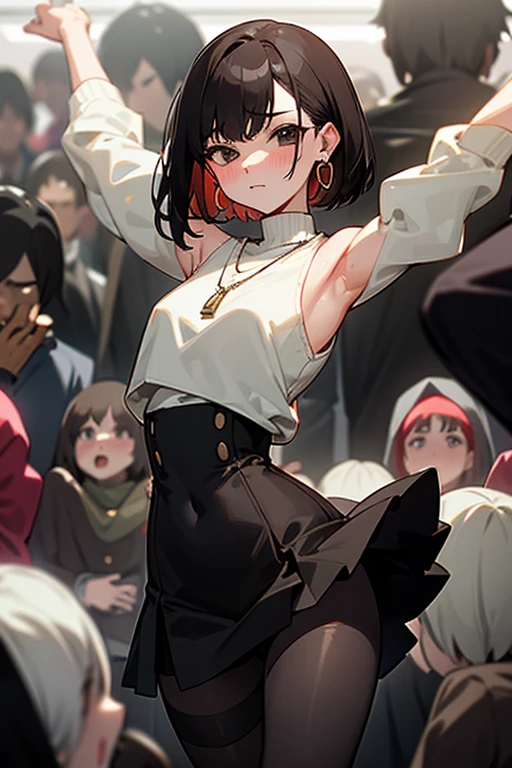 Brown short bob、Sleeveless white sweater、wearing a black jacket、Flared sleeves、Tight Skirt、Black Stockings、necklace、Extremely crowded train、There are a lot of people crowded together、Disheveled clothes、Your cheeks are red、slender、Curved waist、slender、Beautiful clavicle、There are a lot of people and they are close to each other、Flickering、Sexy、Belly button、Earrings、Color mesh on hair、Sweaty、hot、Grabbing your arms or shoulders、Spread your legs