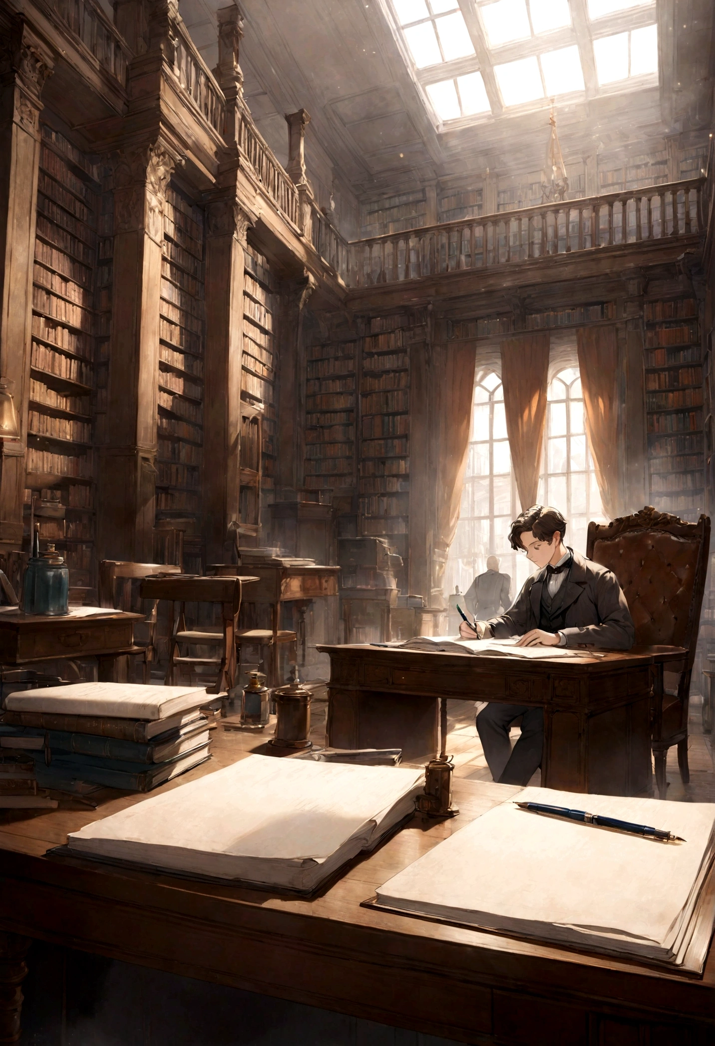 A male student is studying in an early 19th century library, with books arranged neatly in a large room. The scene perceives the entire library. A desk in one of the corners of the room, an armchair in the center of the library. A comfortable warm light illuminates the room. On the desk there is ink and a fountain pen, there are also sheets for making notes. At one end of the desk is a small stack of books. Realistic scene, with a lot of detail in its qualities