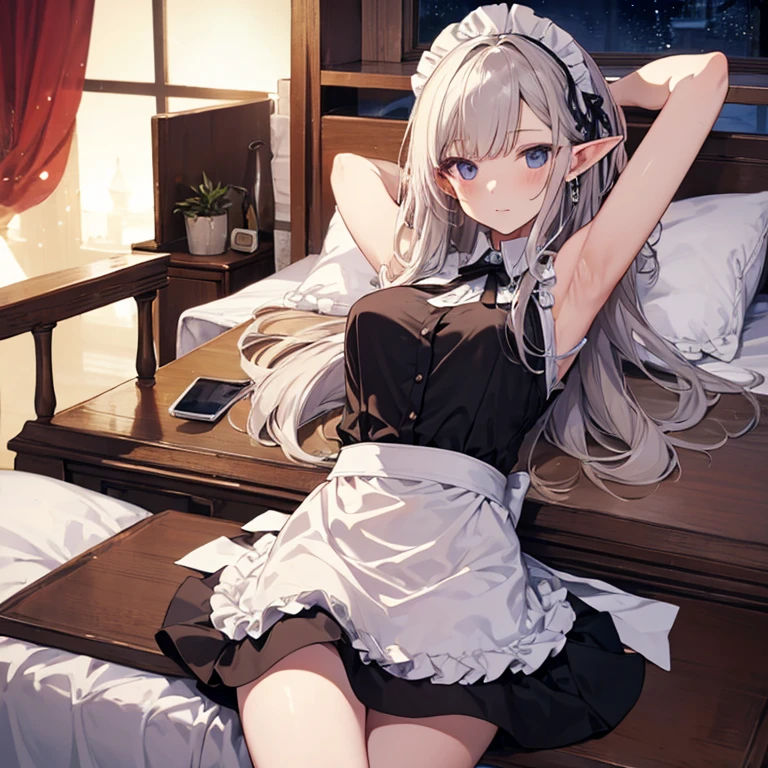 A maids, (in bedroom), various hair styles, night, details face, short skirt, seducing, sleeveless, maid uniform, armpits, elf
