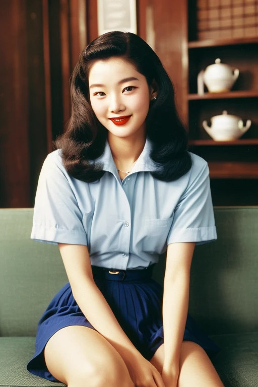 Seoul, 1952. A young korean girl, 23-year-old, strikingly beautiful, delicate facial features, porcelain skin, expressive eyes, in the Dabang, The Original Korean Coffee House, ((awe and joy expression)), ((((clothings from the 1950s)))), ((hairstyle of the 1950s)), colorful, a picture, sitting on the sofa,