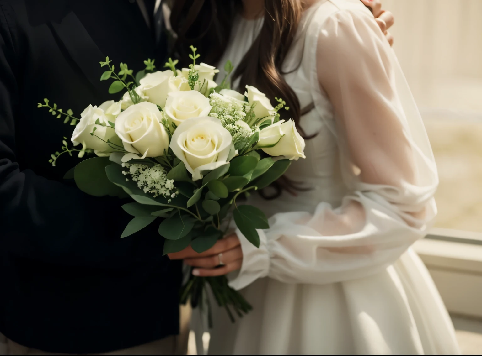 White roses, Gypsophila, green, bouquet, definition, High quality, Hands, fingers
