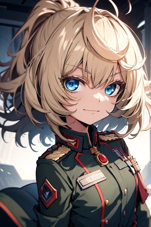 (Masterpiece, Best quality: 1.1), 1girl Single, I ask, 1girl, Single, , Flat chest, Medium breasts , winding, army , army uniform, ,, Slight smile , Evil expression , Blue eyes , Neutral lighting