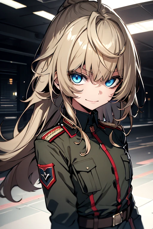 (Masterpiece, Best quality: 1.1), 1girl Single, I ask, 1girl, Single, , Flat chest, Medium breasts , winding, army , army uniform, ,, Slight smile , Evil expression , Blue eyes , Neutral lighting