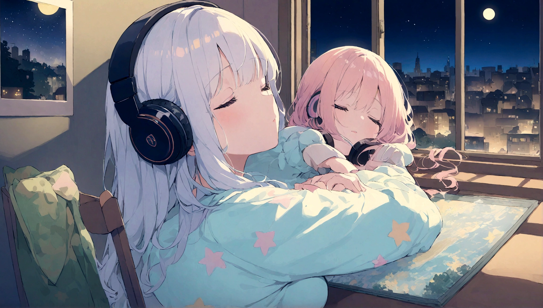 portrait、512、lofi、Girl with headphones sitting in a chair studying、Sleeping at the desk、Close eyes、City view outside the window、night、Pastel colors、Painting, lots of stars and moon, big breast