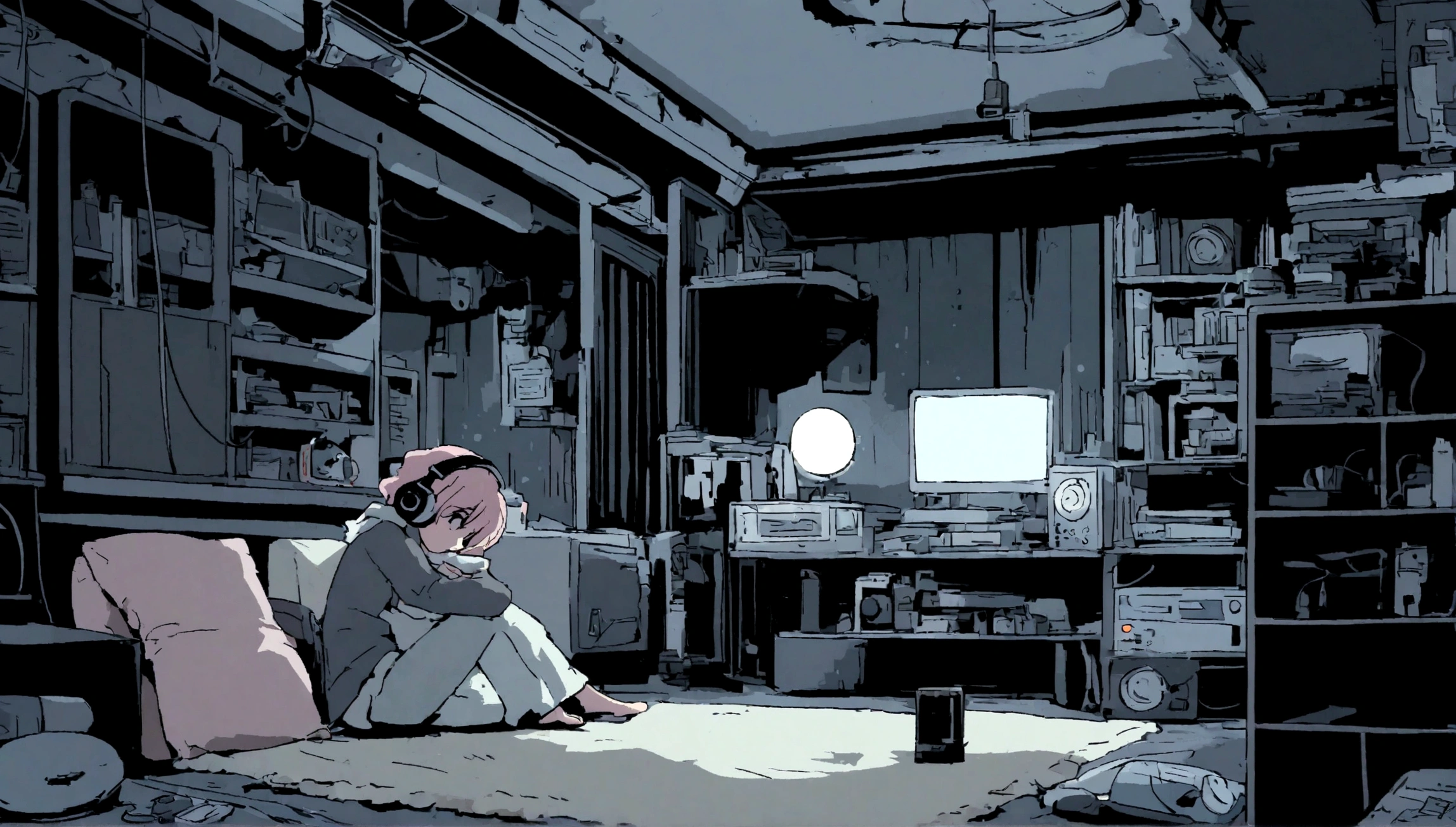 Girl listening to music in cozy room at night, Use headphones, 2D style anime, lo fi, hard disk, dark environment