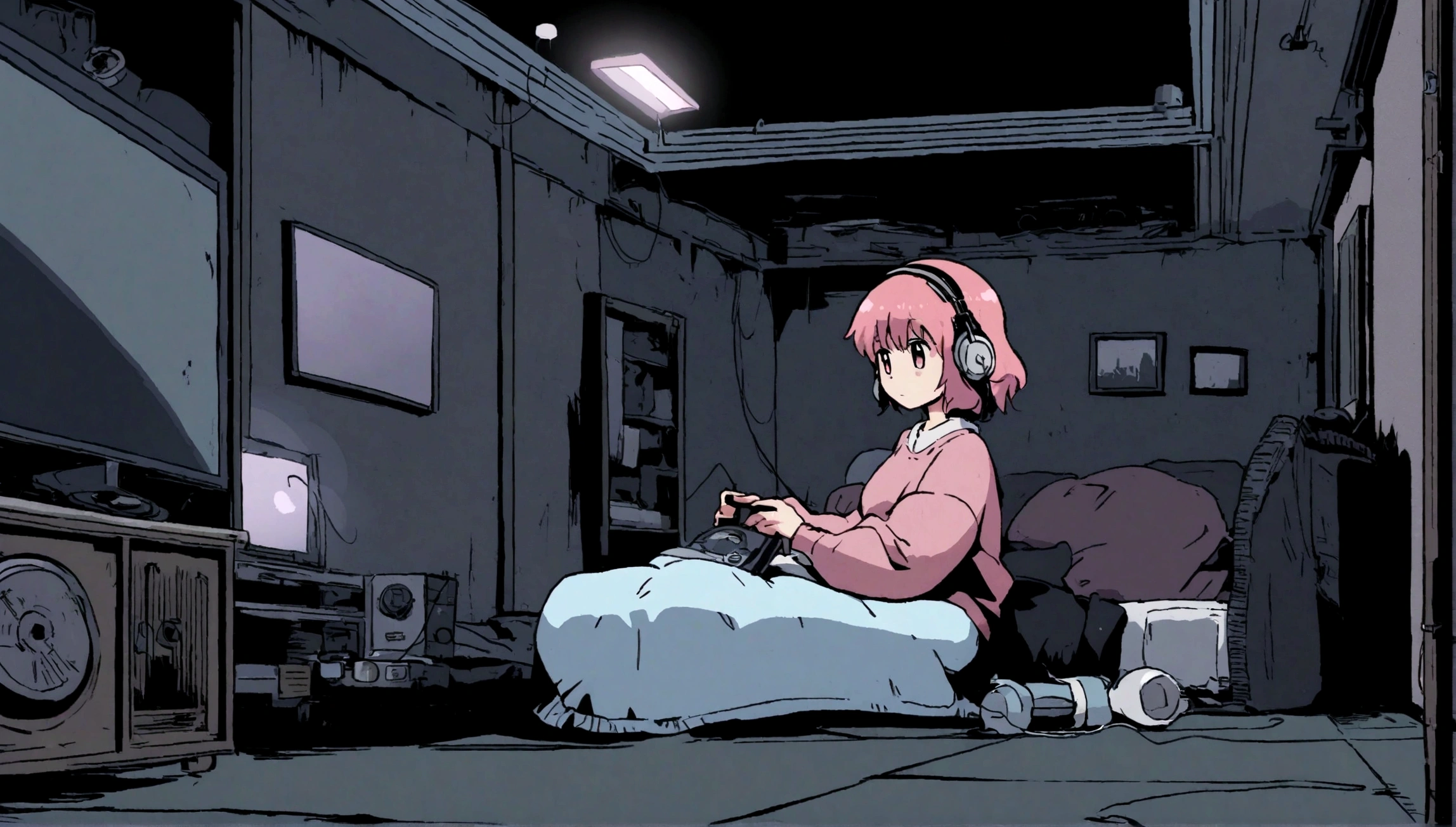 Girl listening to music in cozy room at night, Use headphones, 2D style anime, lo fi, hard disk, dark environment