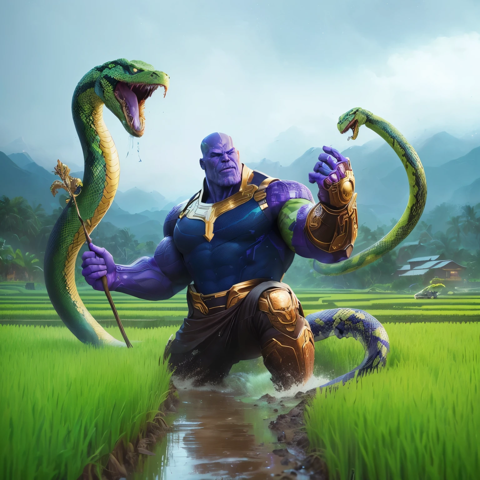 thanos and the snake are fighting over the rice field, album art, by Daryush Shokof, epic digital art illustration, epic video game art, epic artwork, thanos, eugene gottsnake, snake man, thanos style traits, 8k comic art, 4k detailed digital art, 8k fantasy art, highly detailed exquisite fanart, snake is surrounding them