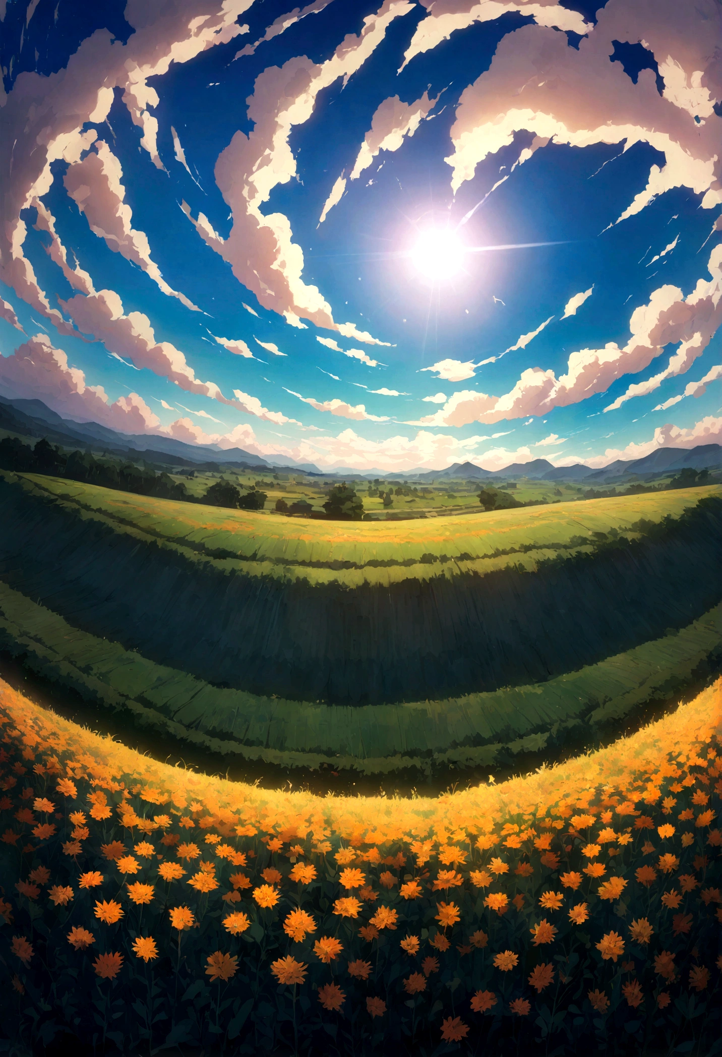 countryside field in fish-eye perspective, vast cloudscape, anime style