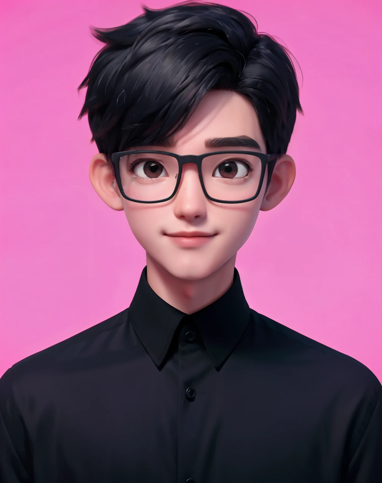 "Best quality, 1 boy and 1 man, ages 30, solo, cartoon 3D portrait, minimalist red background, short black hair, pink lips, black shirt, black glasses, direct gaze."