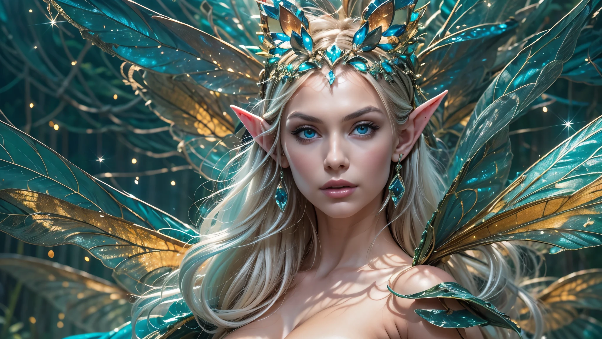Beautiful faerie woman, elf ear, flying, centered holographic dragonfly wings 1.2, glowing blue eyes, detailed proportional hand, proportional body, firm breast, silk tutu, frank Frazzetta painting style, (Best Quality:1.4), (Ultra-detailed), (extremely detailed CG unified 8k wallpaper), Highly detailed, RAW Photos, Professional Photography, plein air, Illumination, (Super fancy photos:1.4), (Dazzling light), Radiant Photography, depth of fields