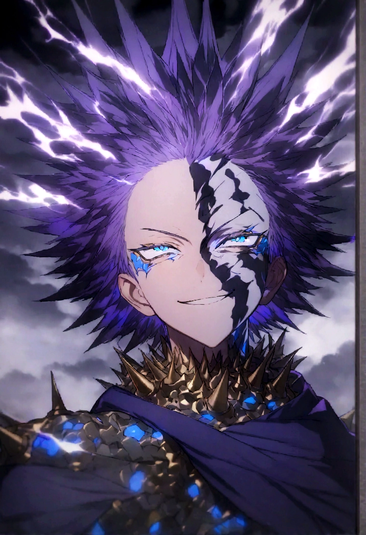 (masterpiece, 32k, 8k, image with ultra effects), background with several thunders and black clouds, human, 26 year old man, silver and spiky hair, electric blue eyes, confident smile on his face, purple blue cape, (image focused only on the character's face)