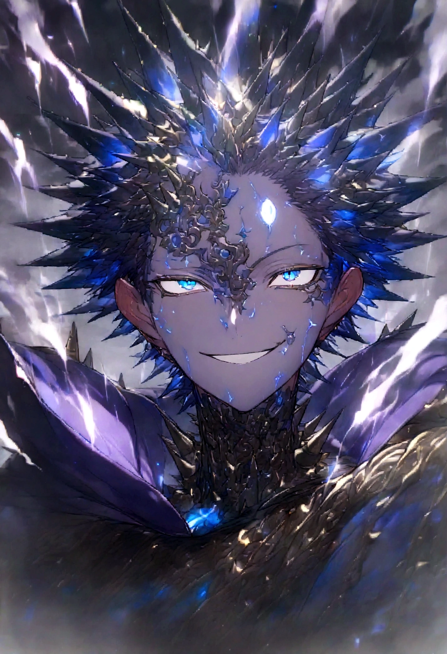 (masterpiece, 32k, 8k, image with ultra effects), background with several thunders and black clouds, human, 26 year old man, silver and spiky hair, electric blue eyes, confident smile on his face, purple blue cape, (image focused only on the character's face)