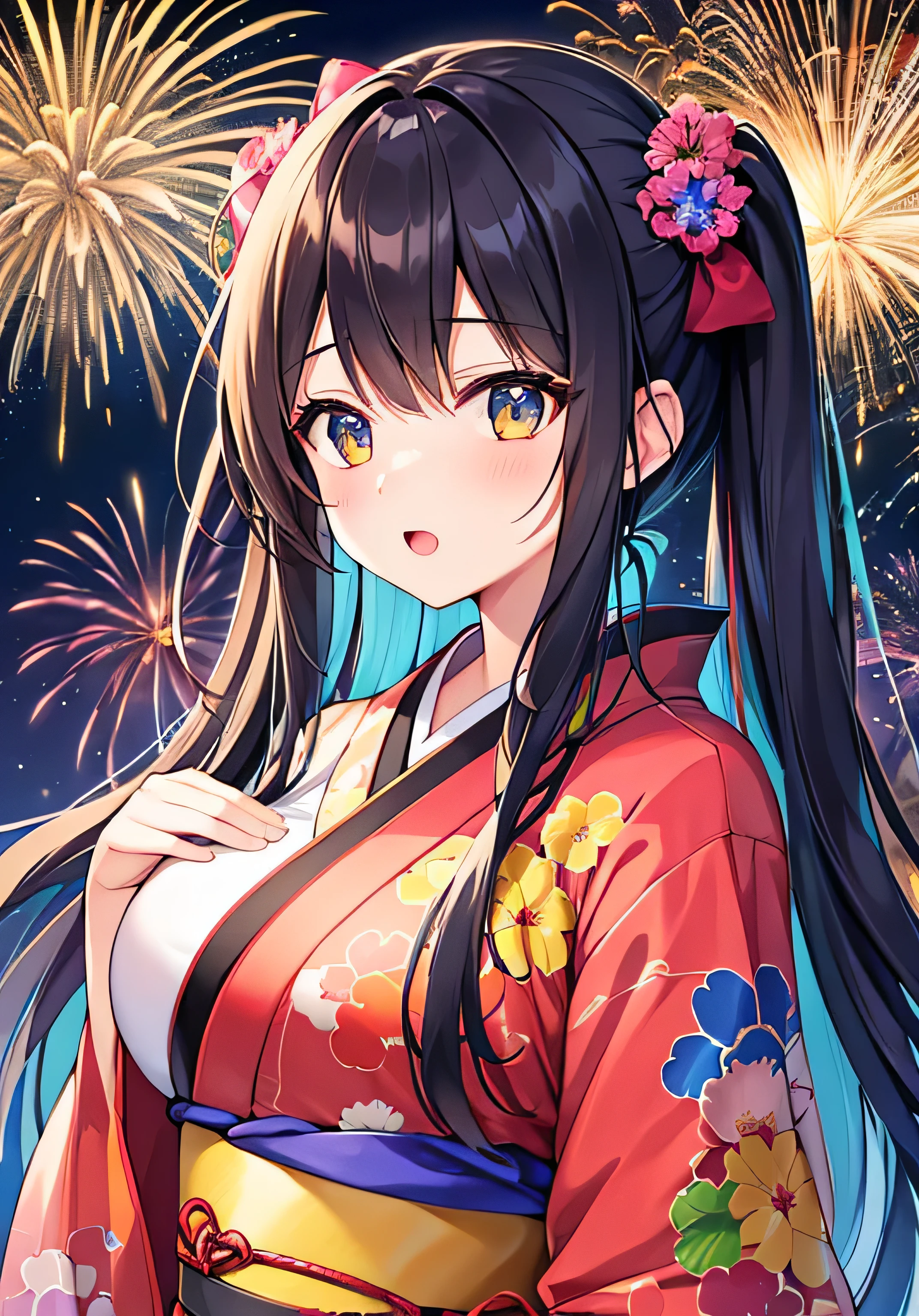 masterpiece、Highest quality、Ultra-high resolution、age girl with big breasts、twin tail hairstyle、black hair、Red face、shyly、open your mouth just a little、kimono、fireworks、at night time