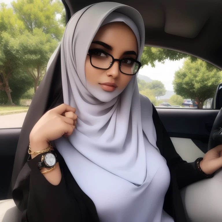 A beautiful high school glasses Arabian 17 years old girl model, white skin, sharp nose, thin lips, circle face, wearing hijab, off shoulder, bangles bracelets, necklaces, swiss polo watch, tight white bra and cloak, black bag, curvy woman, black shoes with heels, sleeping with her mouth wide open, yawning, sleeping sitting on the car, brown hair, curvy woman, head resting on the seat, short hair shoulder length, eyelids outlined in black, nails painted black, detailed face