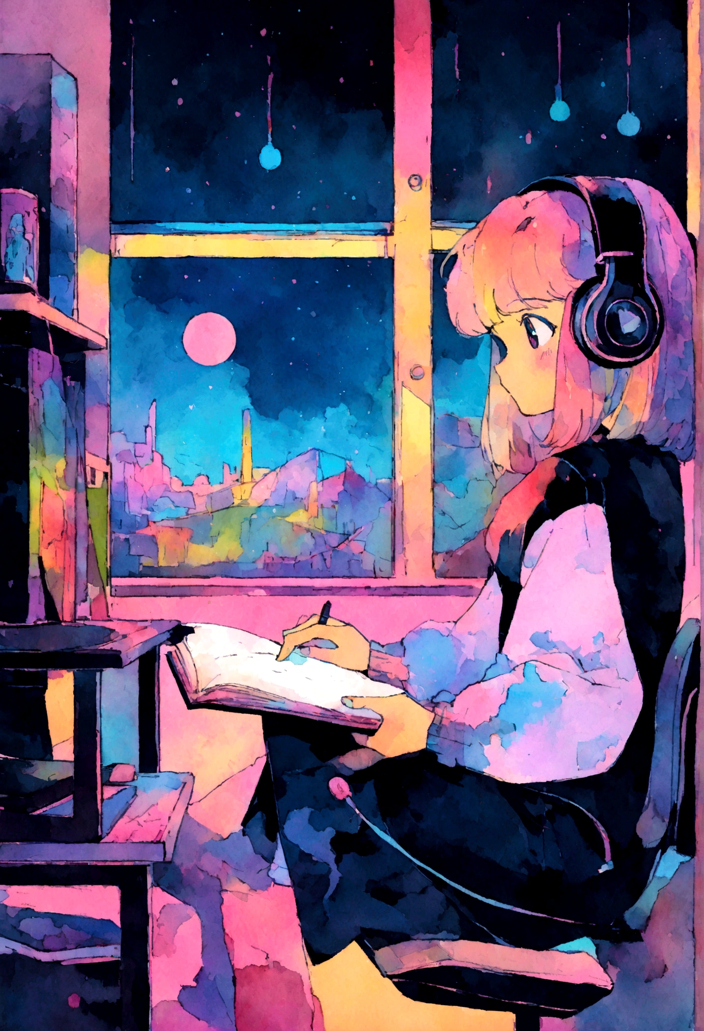 (zero), Girl studying in her room, reading a book, Wear headphones, , night lights, Neon landscape on a rainy day,Analog Color Theme, Lo-Fi Hip Hop , retrospective, flat, 2.5D ,Draw a line, Ink Drawing, Large slope, Watercolor painting, Goosch Colors, Studio Ghibli Style, Awesome colorful, Outer Ton, Synthwave, lofi art,90s style,Old texture, amplitude,90s vibe, masutepiece, Tremendous technology, 16:9 scale