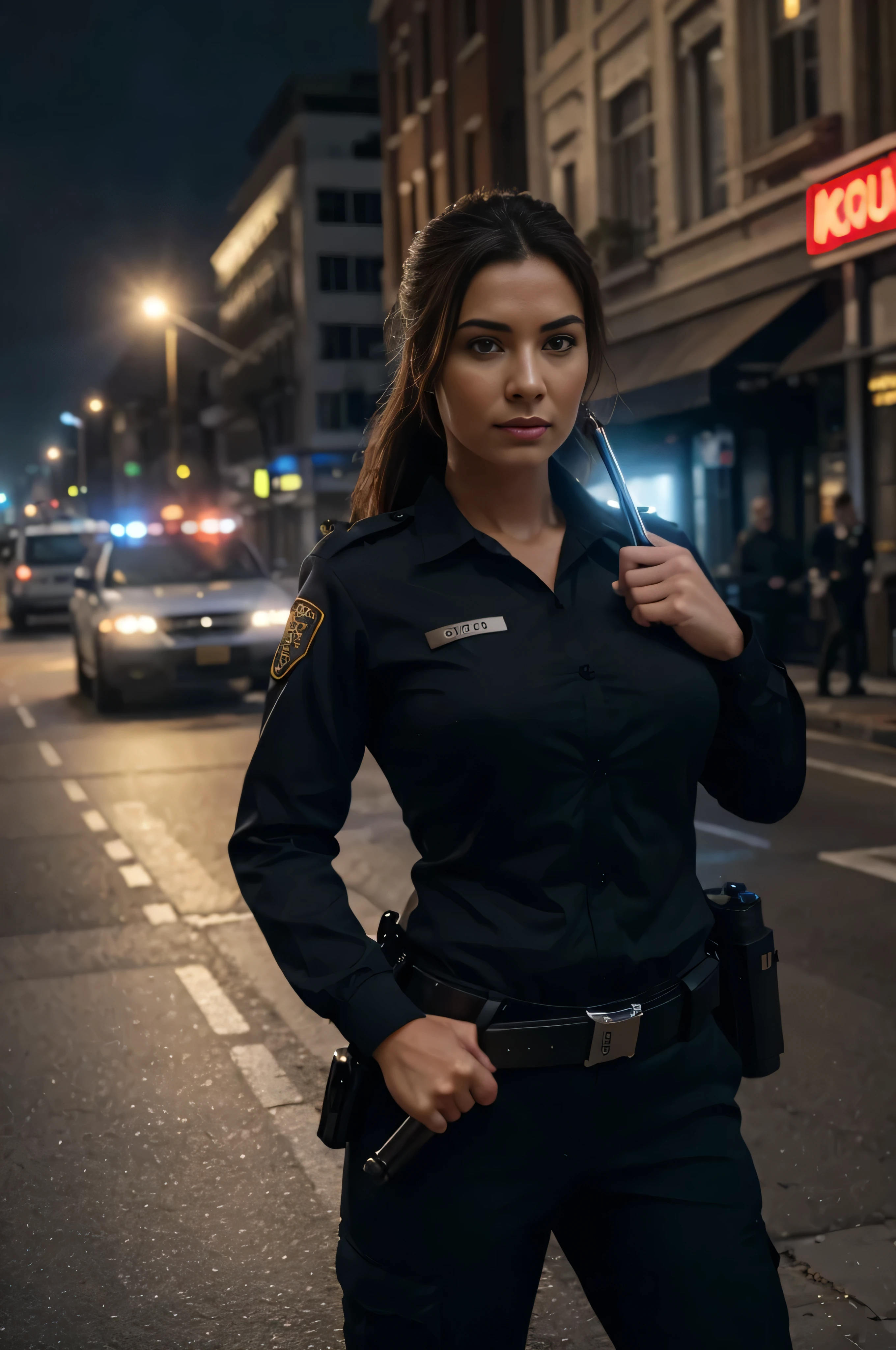 a woman in police uniform standing in middle of street, holding baton, pointing finger, cinematic lighting, dramatic angle, highly detailed, photorealistic, 8k, masterpiece, (best quality,4k,8k,highres,masterpiece:1.2),ultra-detailed,(realistic,photorealistic,photo-realistic:1.37),HDR,UHD,studio lighting,ultra-fine painting,sharp focus,physically-based rendering,extreme detail description,professional,vivid colors,bokeh,cinematic,dramatic,intense,powerful