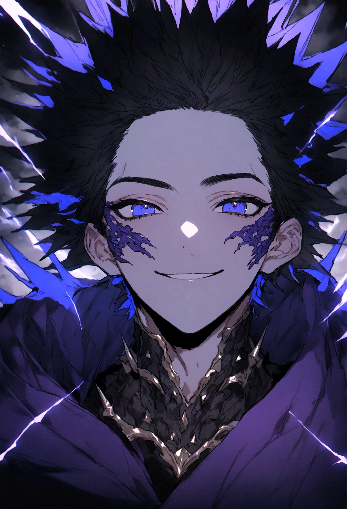 (masterpiece, 32k, 8k, image with ultra effects), background with several thunders and black clouds, human, 26 year old man, silver and spiky hair, electric blue eyes, confident smile on his face, purple blue cape, (image focused only on the character's face)