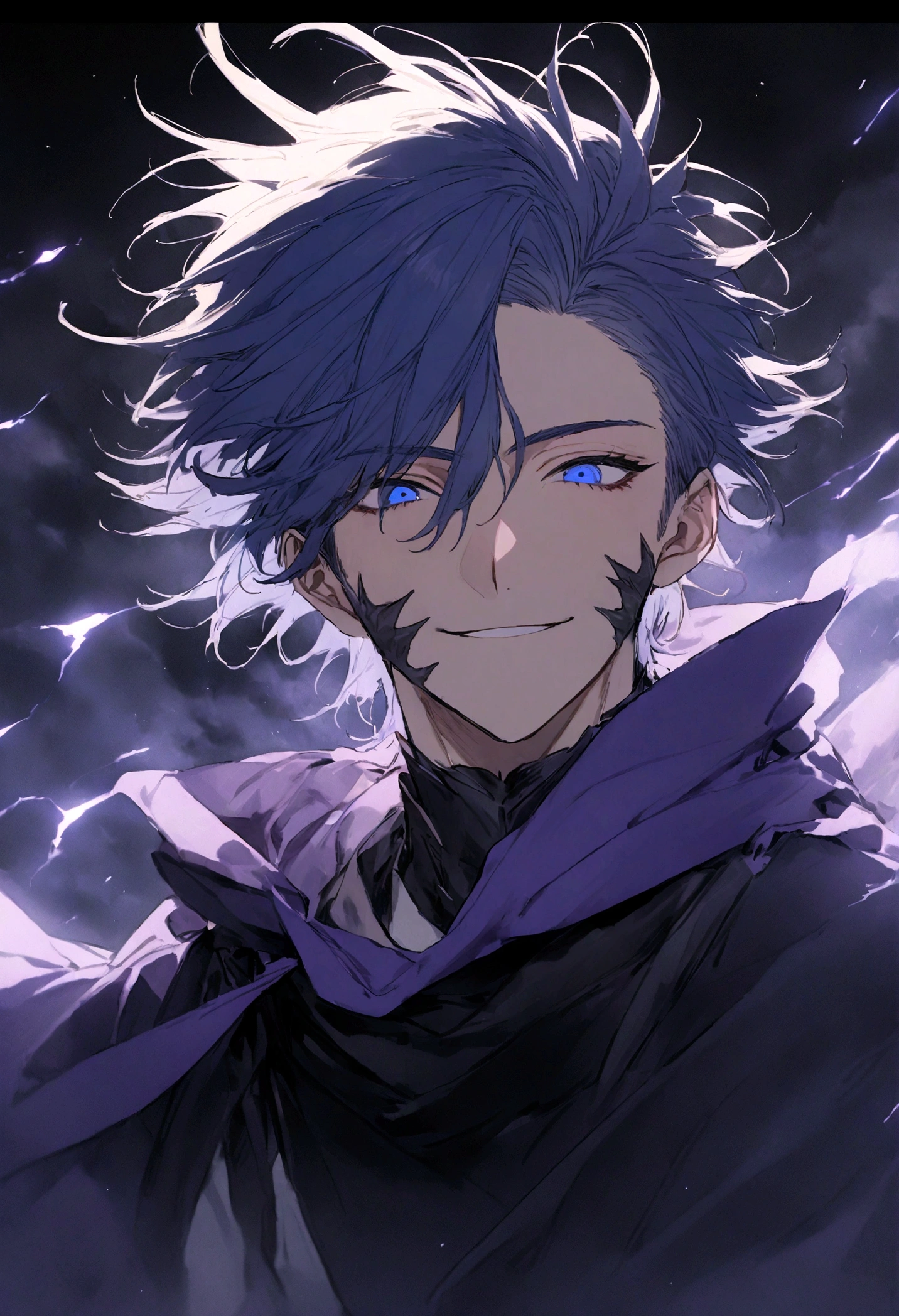 (masterpiece, 32k, 8k, image with ultra effects), background with several thunders and black clouds, human, 26 year old man, silver and spiky hair, electric blue eyes, confident smile on his face, purple blue cape, (image focused only on the character's face)