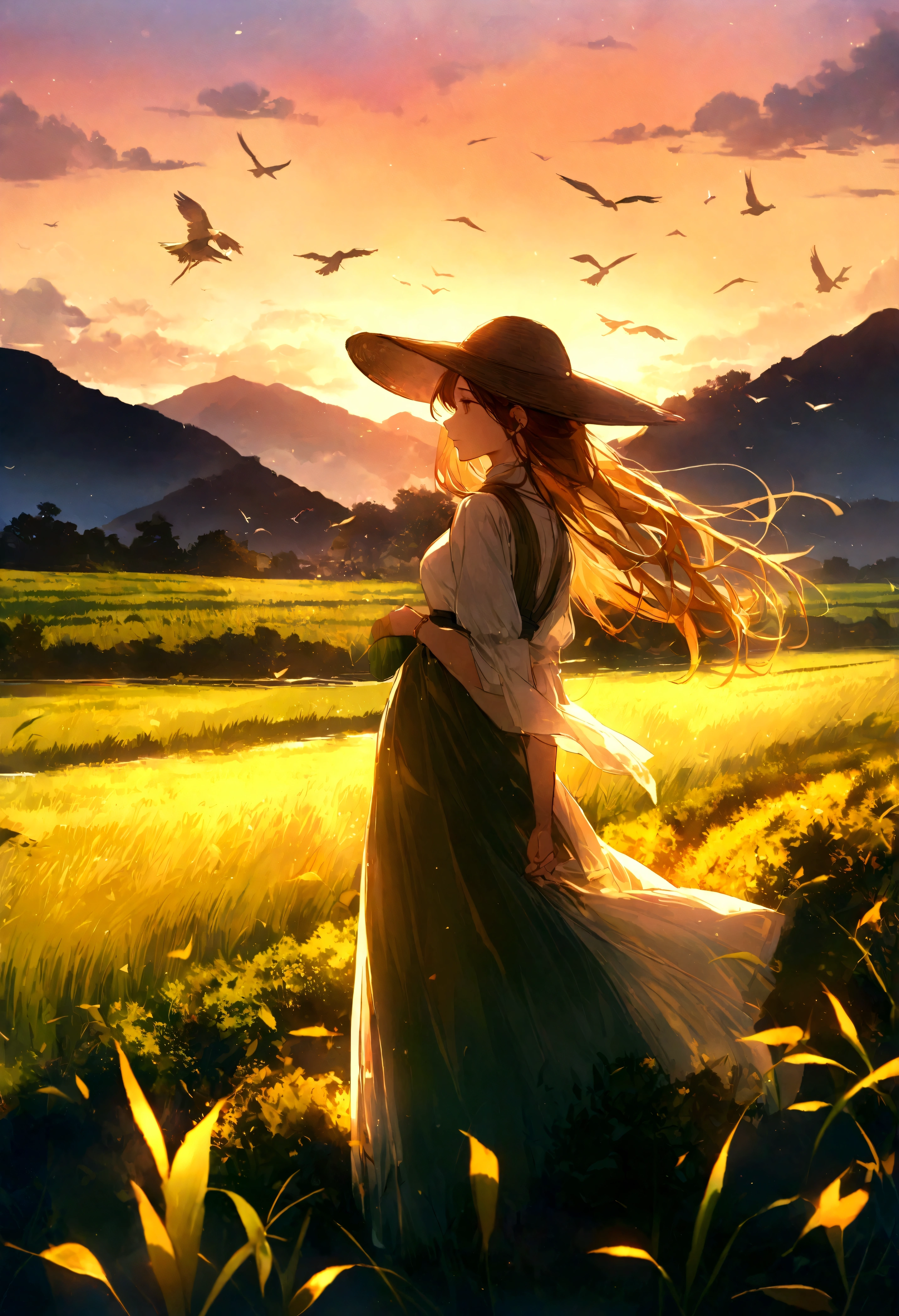 (thrilling, Practical, Vibrant colors, 8K),Rice fields and sunset, golden hour lights, Tall and lush green rice, The reflection of the sky sparkles on the water, The breeze gently sways the plants, The background is a distant mountain, Peaceful atmosphere, Peace and tranquility, The air is a little hazy, Soft and warm sunshine, Farmer wearing traditional hat, Bending over to work in the fields, Beautiful movements, Rustling leaves, A flock of birds flying in the sky, Create a sense of harmony