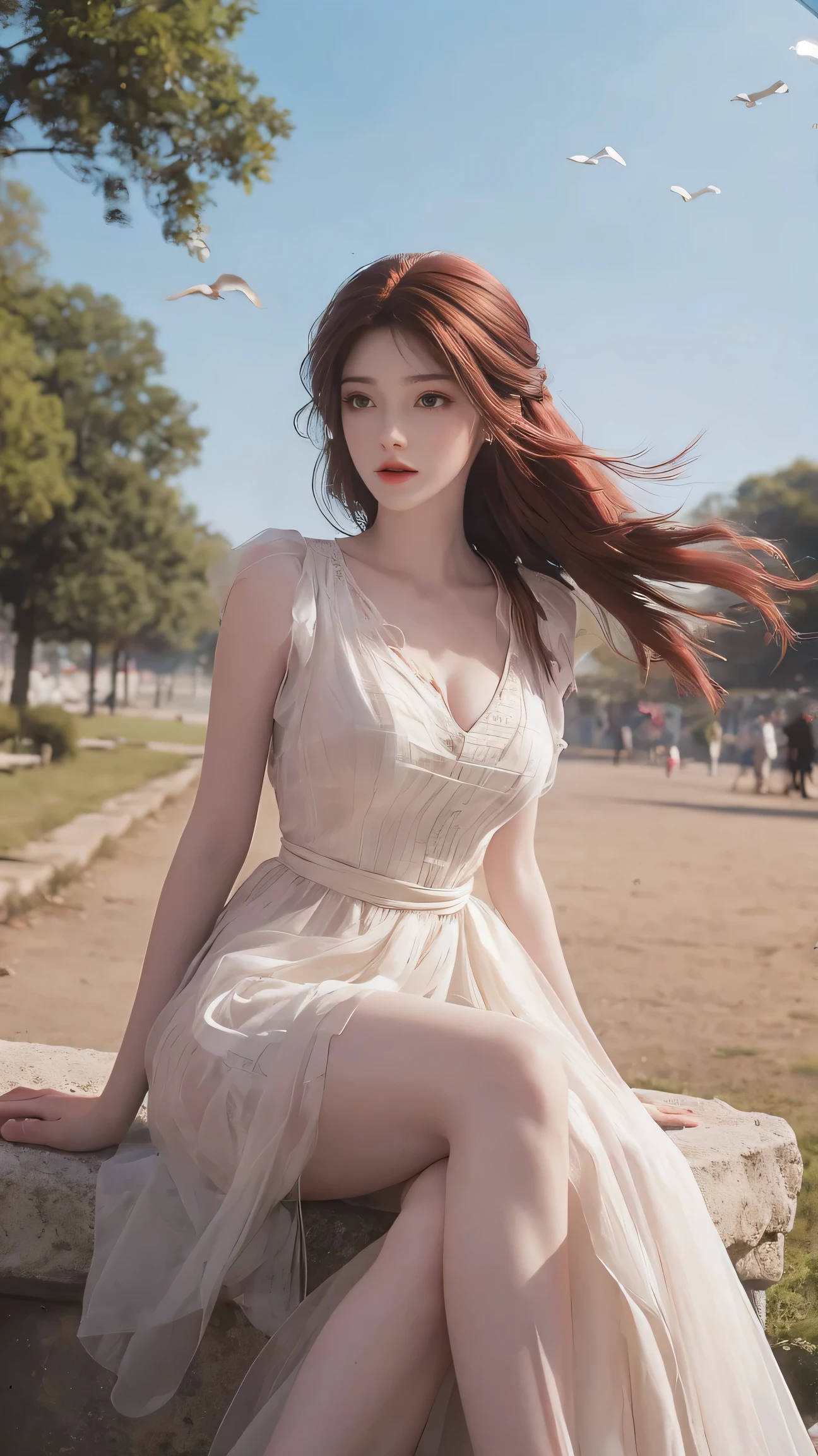 8K Ultra HD, Mastmis, A girl, Good face, Detailed, Eyes, Beautiful lips, Very red hair, dishiveredhair, Medium breasts, Wedding dress, White dress, In the park, Flying birds, blows wind, clear weather, Sitting, Full body capture,