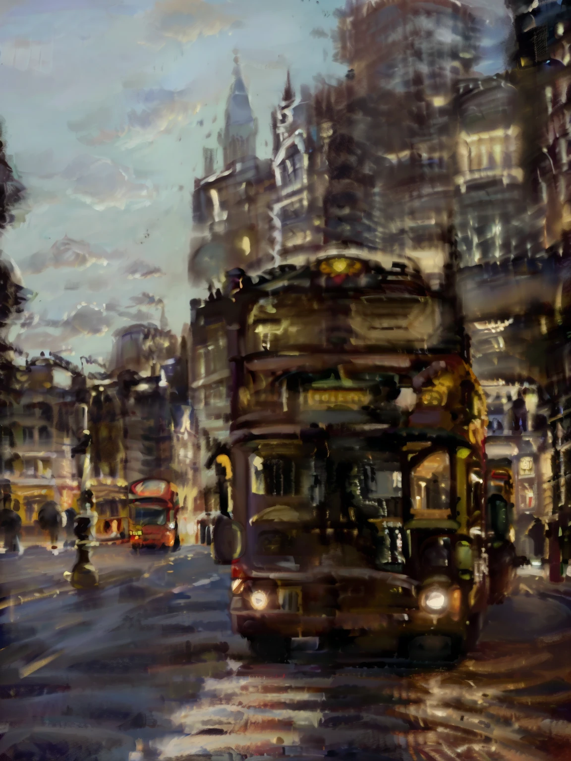 arafed double decker bus on a city street at dusk, london bus, london, london streets in background, in london, buses, the fabulous city of london, ( ( ( buses, row of kings in background, london at night, bus, in busy city, 4 0 9 6, london architecture, busy streets, Shooting time 2 0 2 0