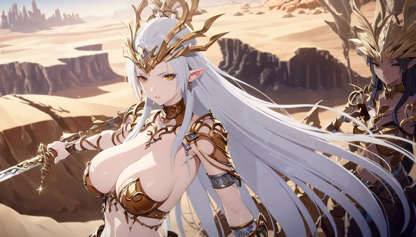 Final Fantasy Tactics Characters, mystical atlantean valkyrie, Mysterious Valkyrie,Close-up of a girl holding a sword,whole body ,Full breasts,Fit your body, Ultra-detailed fantasy characters, Complex and beautiful anime CGI style, Suitable for a white-horned succubus, 4k detail fantasy, Highly detailed iconic characters, Handsome Biomechanical Elf, Complex fantasy characters, High detail and very sharp and intricate art. Octan Rendering, 3D rendering 8k character art , desert , ruins of a castle