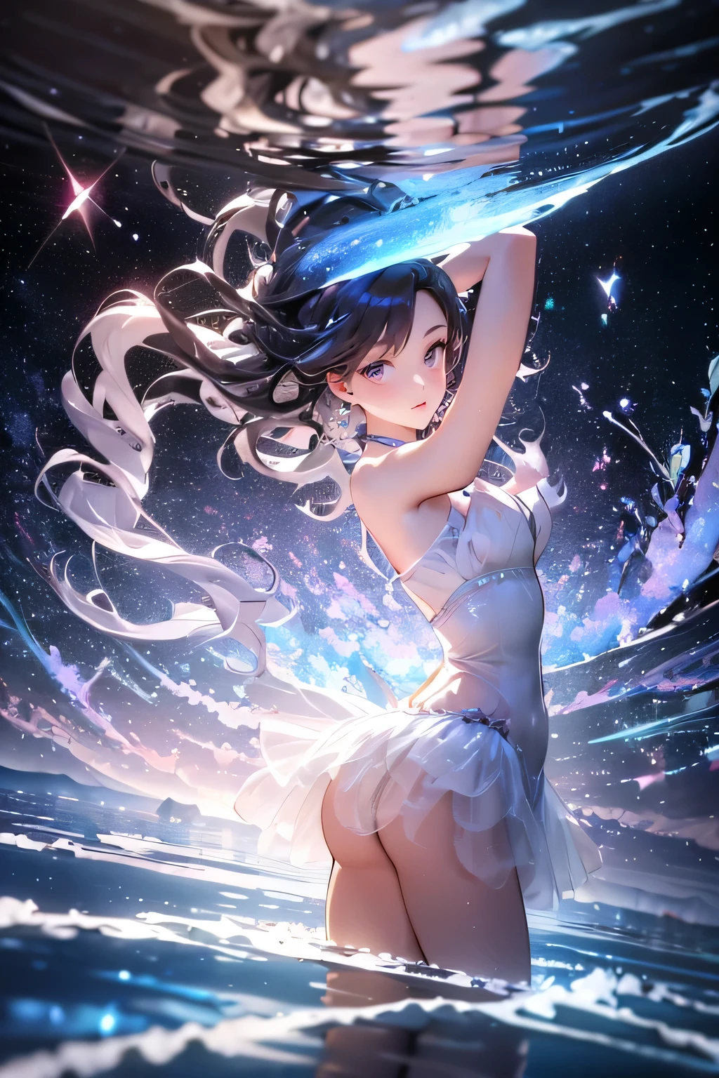 hologram infographic, 3d render, raw photo:1.2, masterpiece, highest quality, 16k, unbelievably absurd, very detailed, perfect beauty, (double exposure vibrant colors silhouette:1.3), (layered vibrant colors silhouette:1.2), (water world photo scenery), diamond dust, starry sky with aurora, flowing sheer dress, flowy long hair, (lake:1.2), (realistic photo scenery), (starlight), (ballerina girl dancing,romantic tutu),