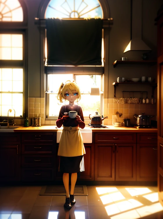 Cozy morning kitchen with sunlight streaming in A person is holding two stunning golden coffee mugs