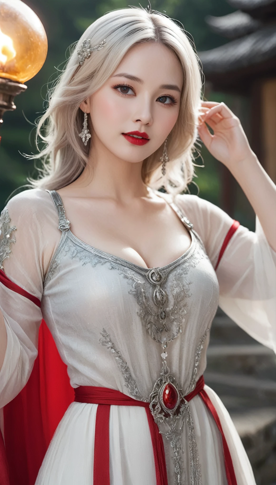 (((surreal woman)))、((Very beautiful 30 year old white woman))、(((Big big cleavage)))、のwitch girl、blonde mature、Plump figure、smile、Middle-aged beauty 、Very delicate and delicate skin texture、witch girl、{(Ancient ornate and luxurious temple)、(Many torches are burning)}、Red lips、Beautiful scarlet eyes、(((Gorgeous and gorgeous silver outfit and luxurious accessories)))、I have a shiny platinum wand、