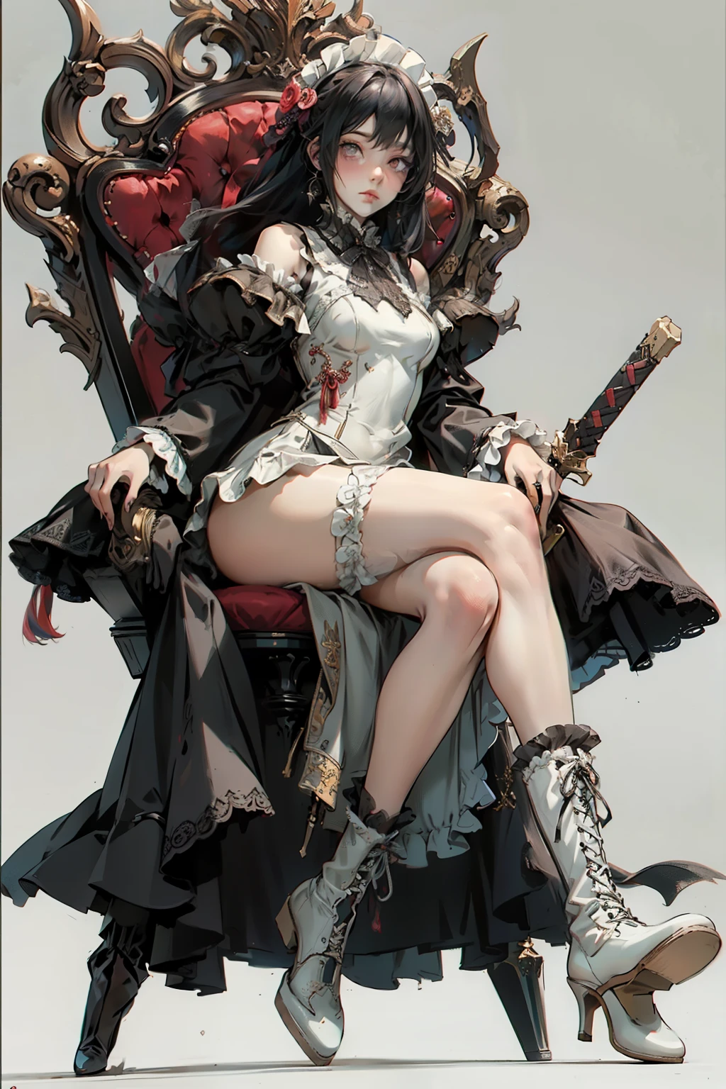 ((best quality)), ((masterpiece)), (detailed), blank white background, plain background, white background, red and white clothing, Bloodborne inspired, occult aesthetic, occult, detailed and intricate steampunk and detailed gothic, NSFW, Very dramatic and cinematic lighting, cosmic horror, grim-dark, side-lighting, perfect face, NSFW, Fluttering lace flared long knee length dress with frilly petticoats, knee length dress, pleated petticoats, lolita dress, petticoats gothic lolita, complex lace boots, wielding a sword and holding a shield, side-lighting, gothic lolita aesthetic, sitting on a grand throne, NSFW, beautiful small breasts, small breasts, full body, whole body, body, plain background, white background, blank background, no background, white background NSFW, full body, whole body, head-to-toe NSFW