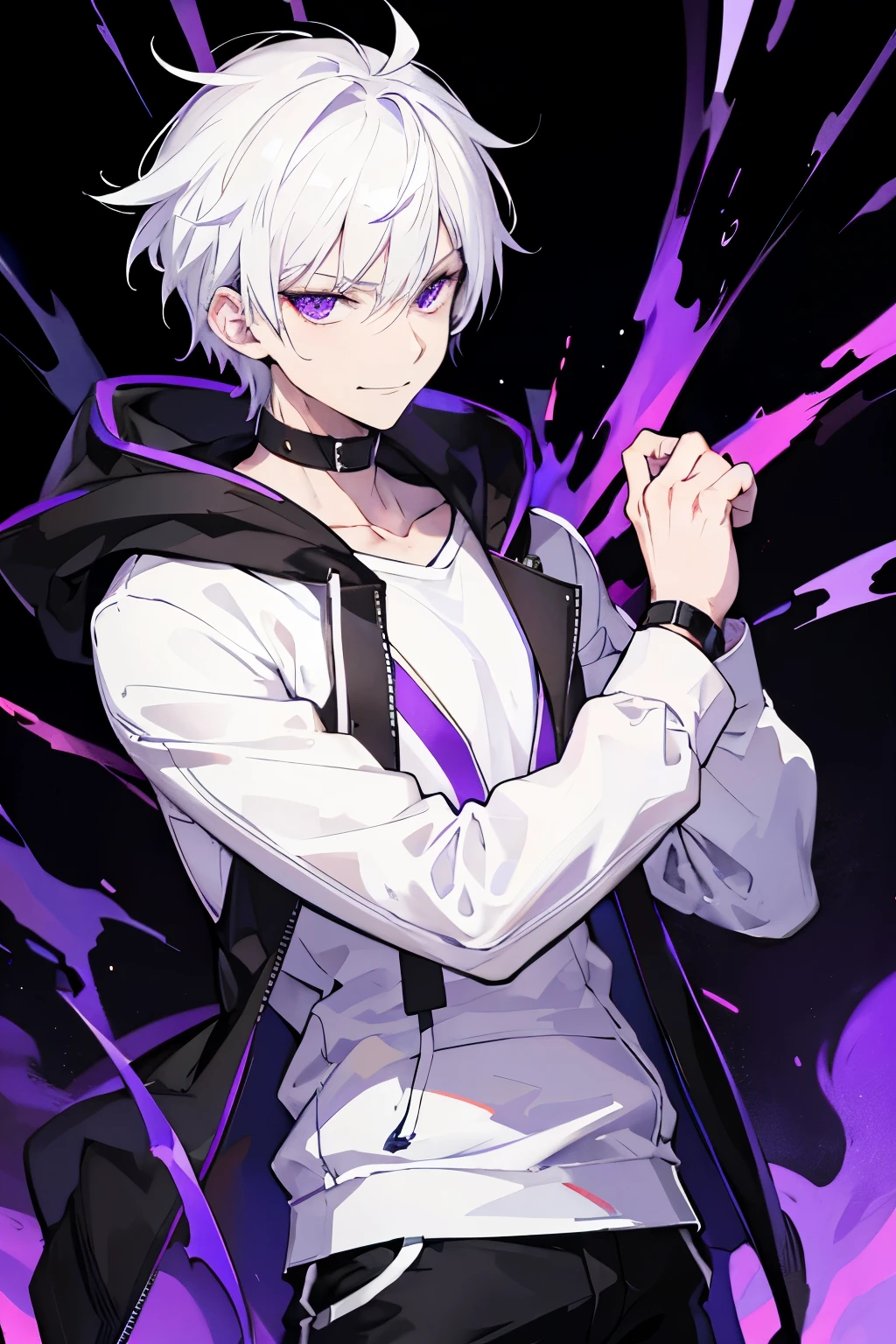 A man, solo, gantleman, black background, white hoodie, white hair, short hair, purple eyes, badass, smirk, muscular