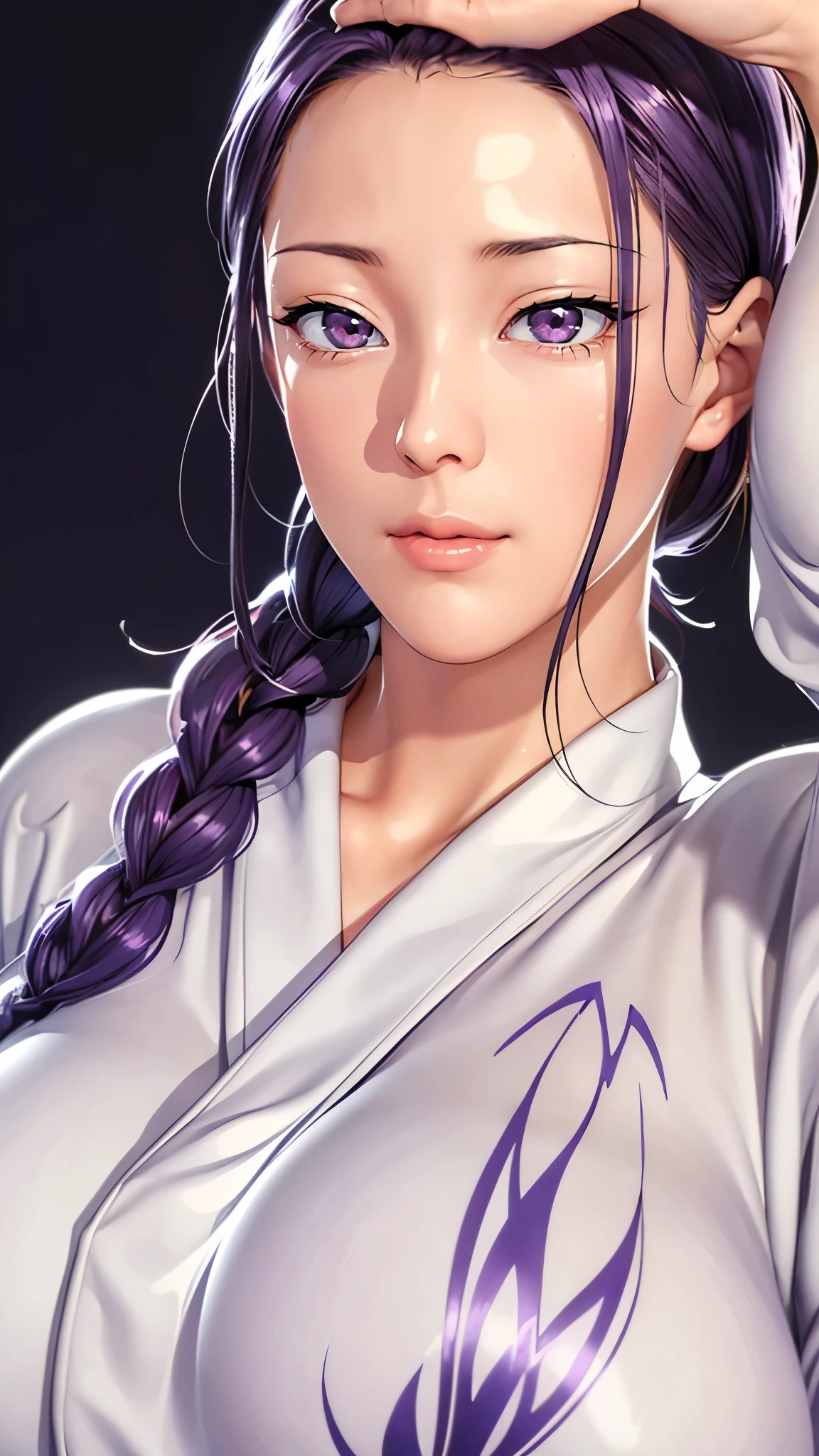 （（（完美figure，figure，solo， （（（White kimono,long sleeves, wide sleeves, ））），（（（purple hair, long hair, hair pulled back,parted lips,purple eyes, Single braid,））），((masterpiece)),high resolution, ((Best quality at best))，masterpiece，quality，Best quality，（（（ Exquisite facial features，Looking at the audience,There is light in the eyes，(（（lol，Happy，））），））），（（（Light and shadow，Huge breasts））），（（（Looking at the camera，White background，Close-up of face，One hand in front of the camera，Five fingers spread)））