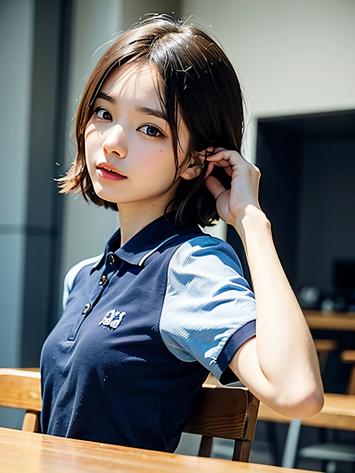 (Tabletop, highest quality:1.2), 8k, Official Art, Full body photo, Esbian all over、Back Angle、looked back、Cute ass、suit、Embarrassing black hair、14 years、small 、close your eyes、Deep sorrow、sorrow、Looking up at the sky、shout、 unbelievably ridiculous, (Upper Body, Dark blue polo shirt:1.4), beautiful girl, Pretty face, lean back, Cute Panties、Gold ornament in hair、Cute short sleeve high for girls、close, Wearing a girls' high , Short sleeve, Gardenia, Violet, Teen, street, View Viewer, Film Grain, chromatic aberration, Sharp focus, Face Light, Dynamic Lighting,, Eye and facial details, Light blue wall, (tie、1:1.2)