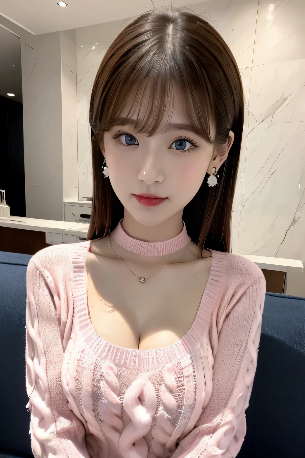 (highest quality, masterpiece:1.3, 超A high resolution), (Very detailed, Caustics), (Realistic:1.4, RAW shooting), Ultra-Realistic Capture, Very detailed,High resolution 16k, Human skin close-up, The skin texture is natural, It must be detailed enough to be easily identifiable, Skin should look healthy and have an even tone, Use natural light and color, ((Light pink sweater:1.4)), ((the body is slim)), girl, Japanese, 18-year-old, cute, Straight Long Hair, Big Breasts, smile, Turn your body forward, (View from the front:1.1), Looking into the camera, focused on the chest, Light brown hair, ((Black choker)), Very long and bushy eyelashes, blue eyes, bangs、Luxury Hotel Lounge, Marble wall, sofa, ((orgasming face:1.4)), Big Breasts, Red lips, The background is marble wall, (gem)、Earrings