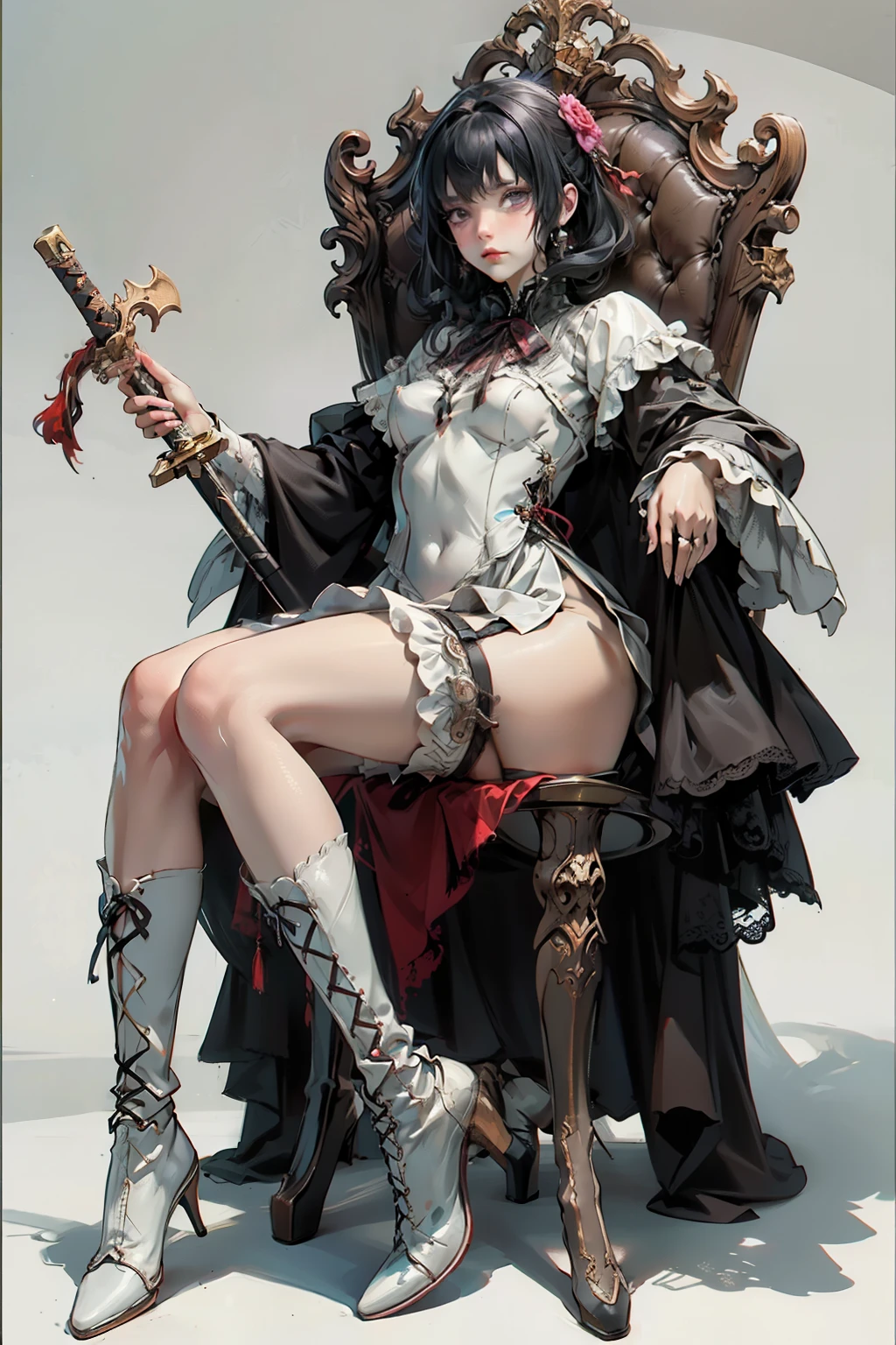 ((best quality)), ((masterpiece)), (detailed), blank white background, plain background, white background, red and white clothing, Bloodborne inspired, occult aesthetic, occult, detailed and intricate steampunk and detailed gothic, NSFW, Very dramatic and cinematic lighting, cosmic horror, grim-dark, side-lighting, perfect face, NSFW, Fluttering lace flared long knee length dress with frilly petticoats, knee length dress, pleated petticoats, dress, petticoats gothic lolitalex lace boots, wielding a sword and holding a shield, side-lighting, gothic lolita aesthsitting on a grand throne, NSFW, beautiful small breasts, small breull body, wholebody, plain background, white background, blank background, no background, white background NSFW, full body, whole body, head-to-toe NSFW