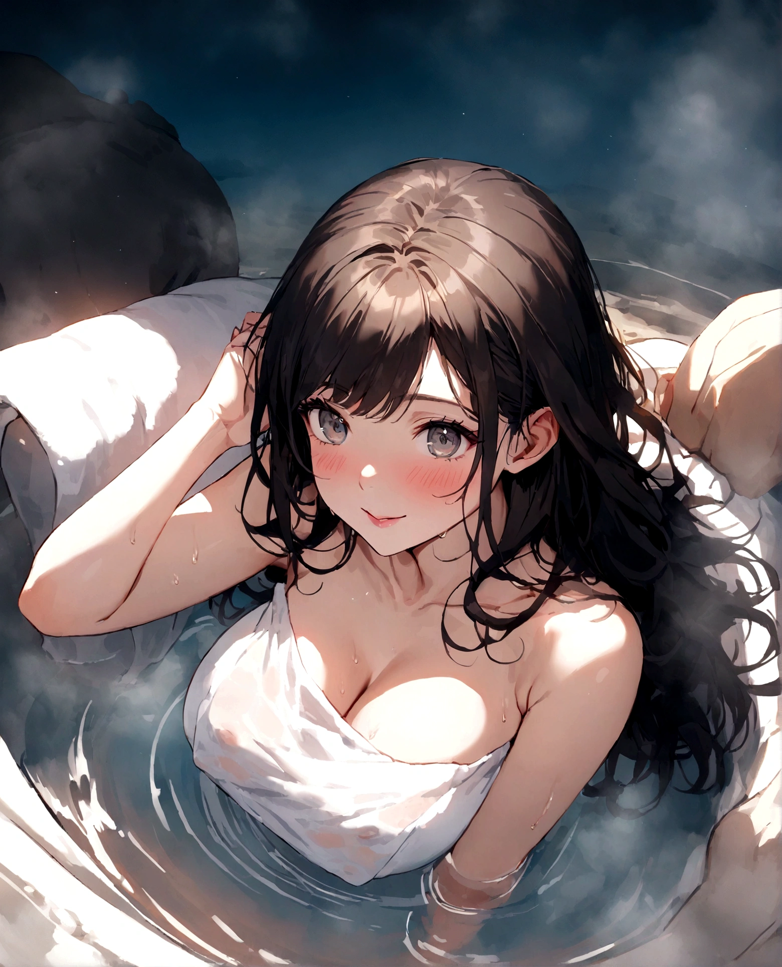 ((Covered in fog:2)),(((hot spring,Soak in hot water,Wrap a bath towel,Transparent bath towel))),((Hunchback:1.5)),(squat),((From above:1.4,Close-up:1.6))),throw,See others,Cute Smile,Big ample breasts,Beautiful nipple slip((Tabletop,Upper body)),Beautifully detailed skin,Perfect Human Anatomy,Perfect hands,Beautiful boobs,Slack ,Beautiful woman portrait,Perfect Face,(Bright smile),Cute appearance,Cute emotions,think,((blush,Beautiful black hair)),((Seductive lips,Perfect Eyes,Fine grain:1.2,Mouth closed)),Cinematic scene,Cinematic,Full Color,4K,8k,RAW Photos,Studio Portrait,Professionally color coded,Professional photography,(Very delicate and beautiful art)1.3,elegant,Active Angle,Soft Light,Lens Glow,Soft Clean Focus,Realistic lighting and shading,highest quality,highest quality,High resolution,(One Girl:1.3)