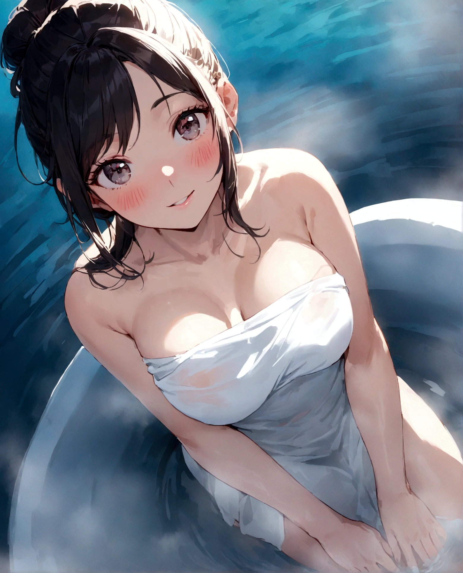((Covered in fog:2)),(((hot spring,Soak in hot water,Wrap a bath towel,Transparent bath towel))),((Hunchback:1.5)),(squat),((From above:1.4,Close-up:1.6))),throw,See others,Cute Smile,Big ample breasts,Beautiful nipple slip((Tabletop,Upper body)),Beautifully detailed skin,Perfect Human Anatomy,Perfect hands,Beautiful boobs,Slack ,Beautiful woman portrait,Perfect Face,(Bright smile),Cute appearance,Cute emotions,think,((blush,Beautiful black hair)),((Seductive lips,Perfect Eyes,Fine grain:1.2,Mouth closed)),Cinematic scene,Cinematic,Full Color,4K,8k,RAW Photos,Studio Portrait,Professionally color coded,Professional photography,(Very delicate and beautiful art)1.3,elegant,Active Angle,Soft Light,Lens Glow,Soft Clean Focus,Realistic lighting and shading,highest quality,highest quality,High resolution,(One Girl:1.3)