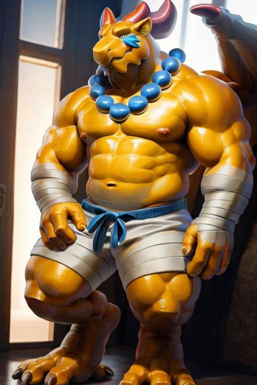 by takahirosi,masterpiece, high quality, absurd res, digital painting \(artwork\). soft lighting,kemono,bandage wrist, bandage shorts,presenting armpit,
detailed eyes, volumetric lighting, amazing, finely detail,dragon garr,wing,necklace,red_horn,yellow body,pecs, abes,nude, muscle ,smile, straight-on,legs,feet