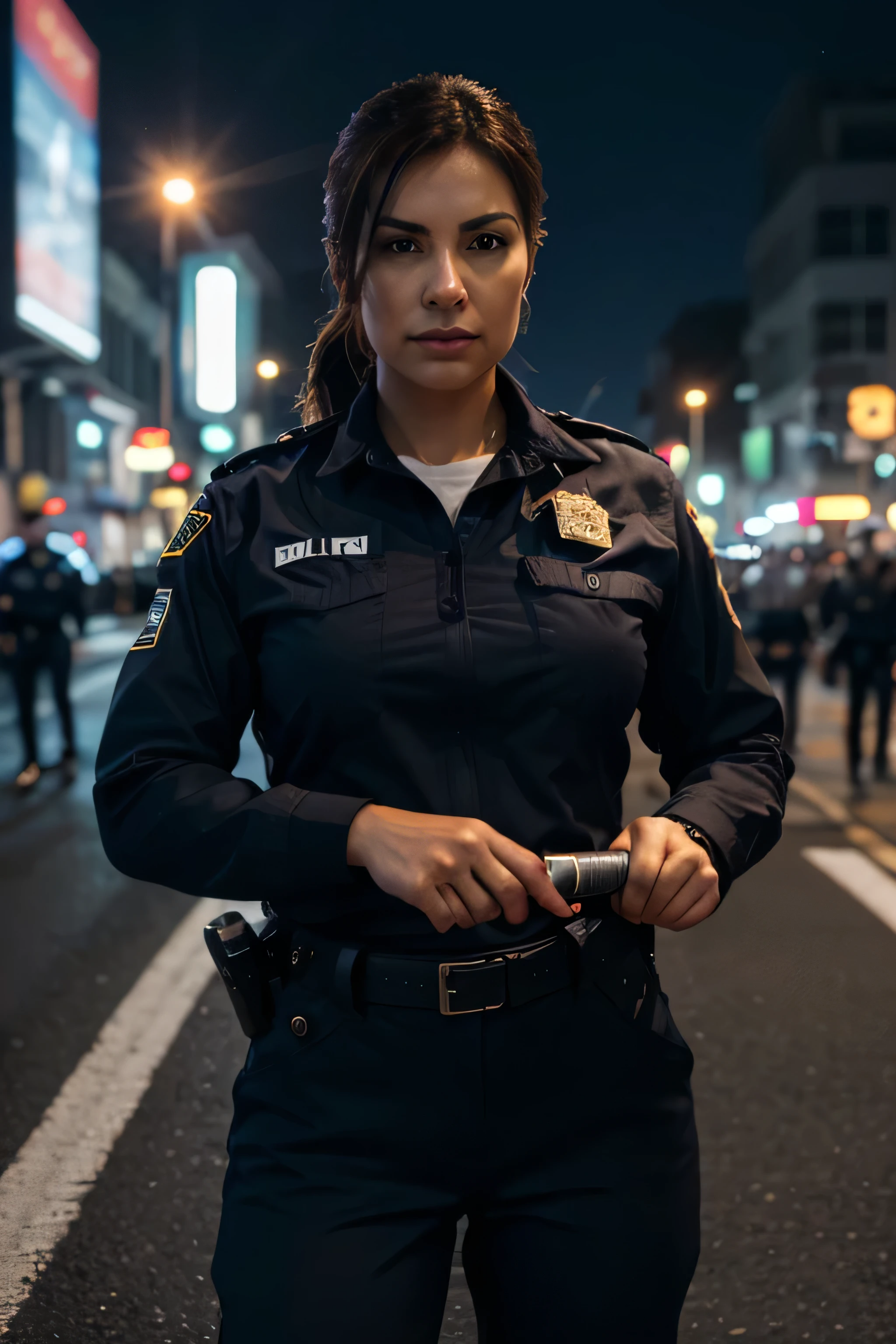 a woman in police uniform standing in middle of street, holding baton, pointing finger, cinematic lighting, dramatic angle, highly detailed, photorealistic, 8k, masterpiece, (best quality,4k,8k,highres,masterpiece:1.2),ultra-detailed,(realistic,photorealistic,photo-realistic:1.37),HDR,UHD,studio lighting,ultra-fine painting,sharp focus,physically-based rendering,extreme detail description,professional,vivid colors,bokeh,cinematic,dramatic,intense,powerful