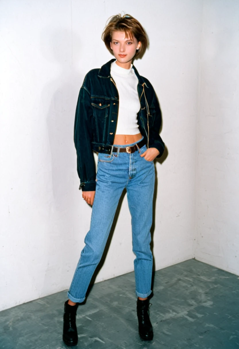 1990s, 90s fashion, tall, thin, short hair, twenty-two year old female, jeans, full body shot, jacket, shirt, demure