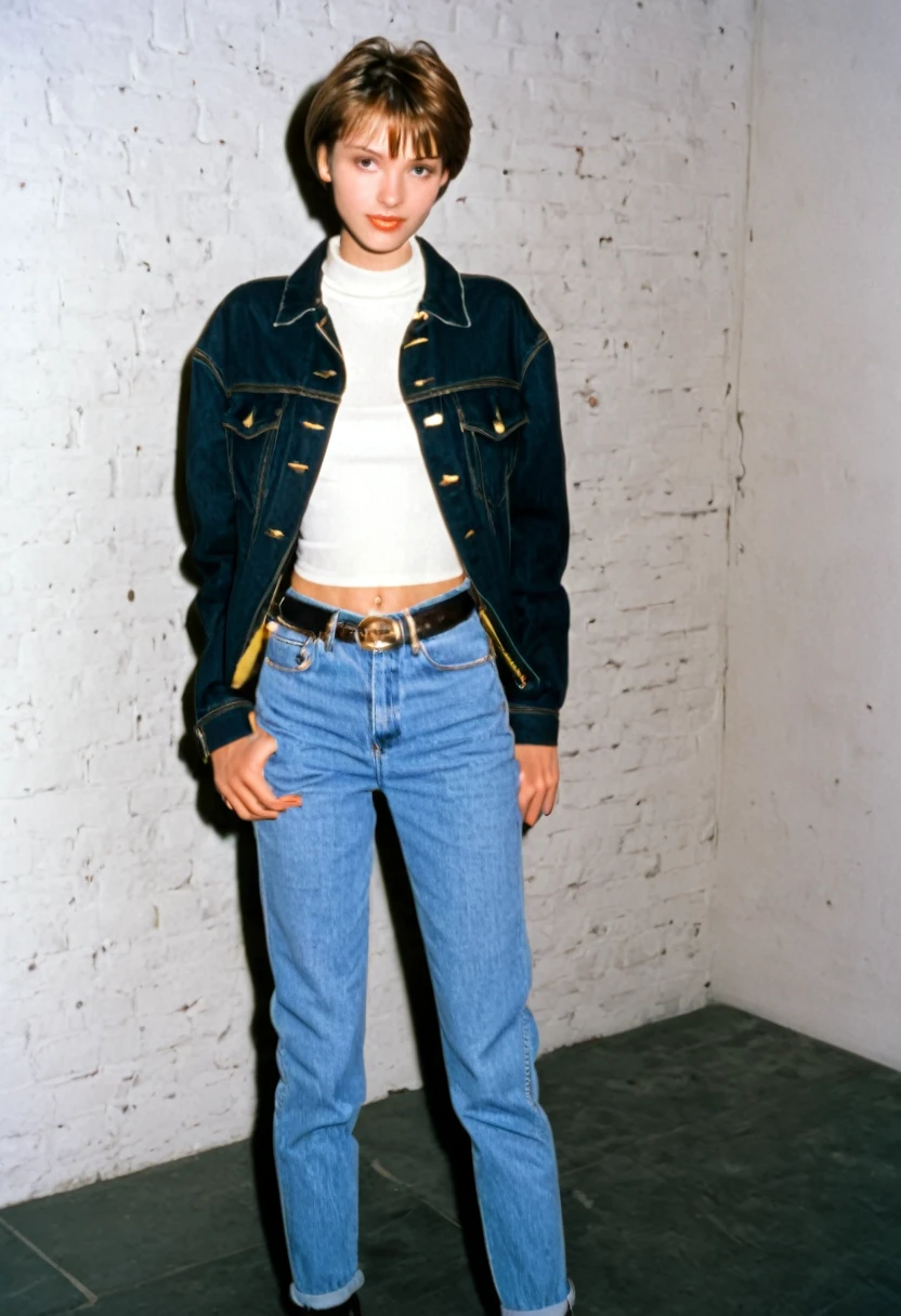 1990s, 90s fashion, tall, thin, short hair, twenty-two year old female, jeans, full body shot, jacket, shirt, demure