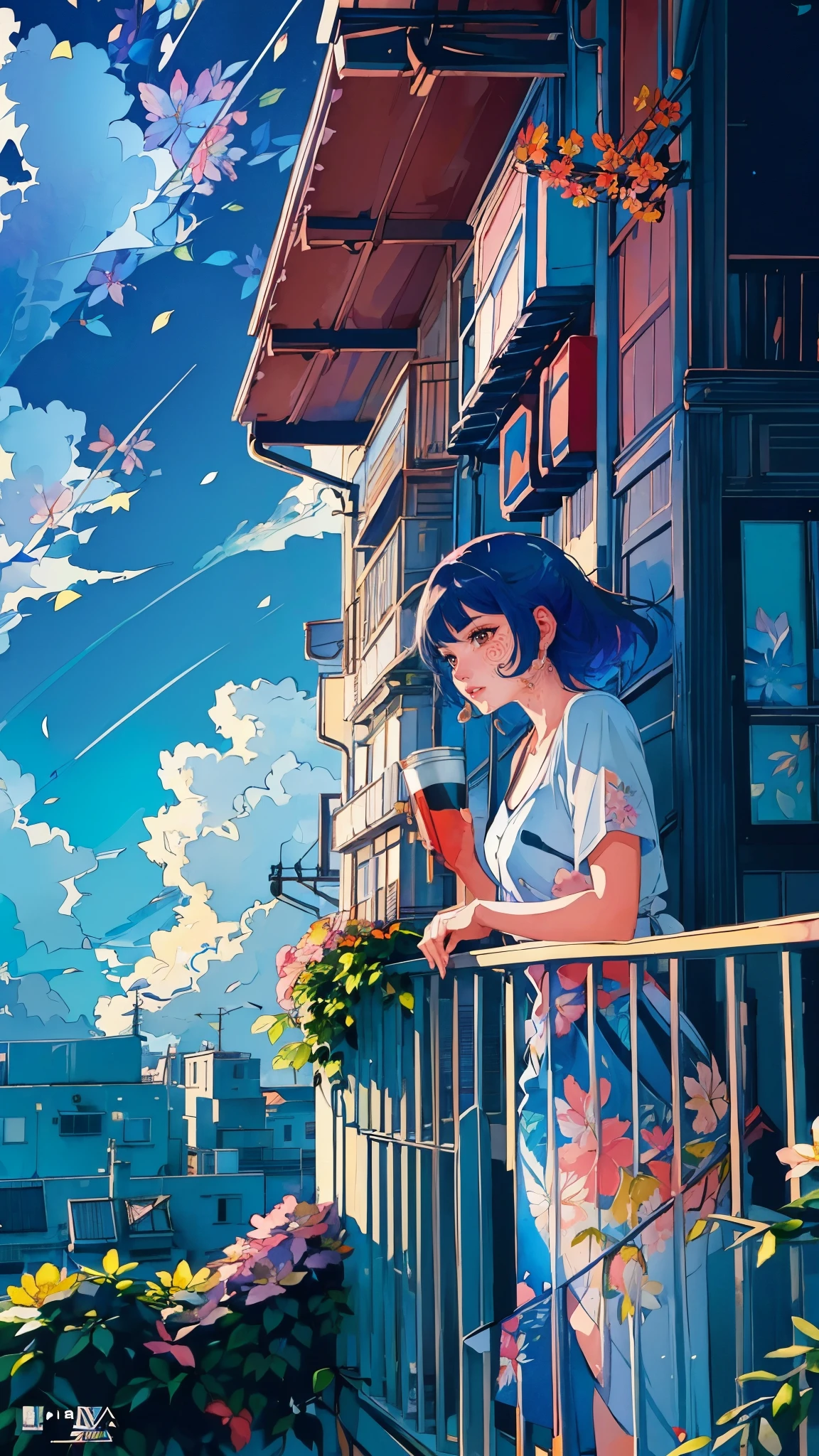 a girl standing on a balcony with a cup of coffee, cgsociety 9, chillhop, alena aenami and artgerm, makoto shinkai and artgerm, lofi girl aesthetic, anime scenery, makoto shinkai and (cain kuga), lofi aesthetic, anime landscape, anime nature, roof background, anime wallaper, (floral watercolor painting:1.5)，(Super high saturation, bright and vivid colors:1.5), (nsfw), (Look at the audience head-on:1.5)
 