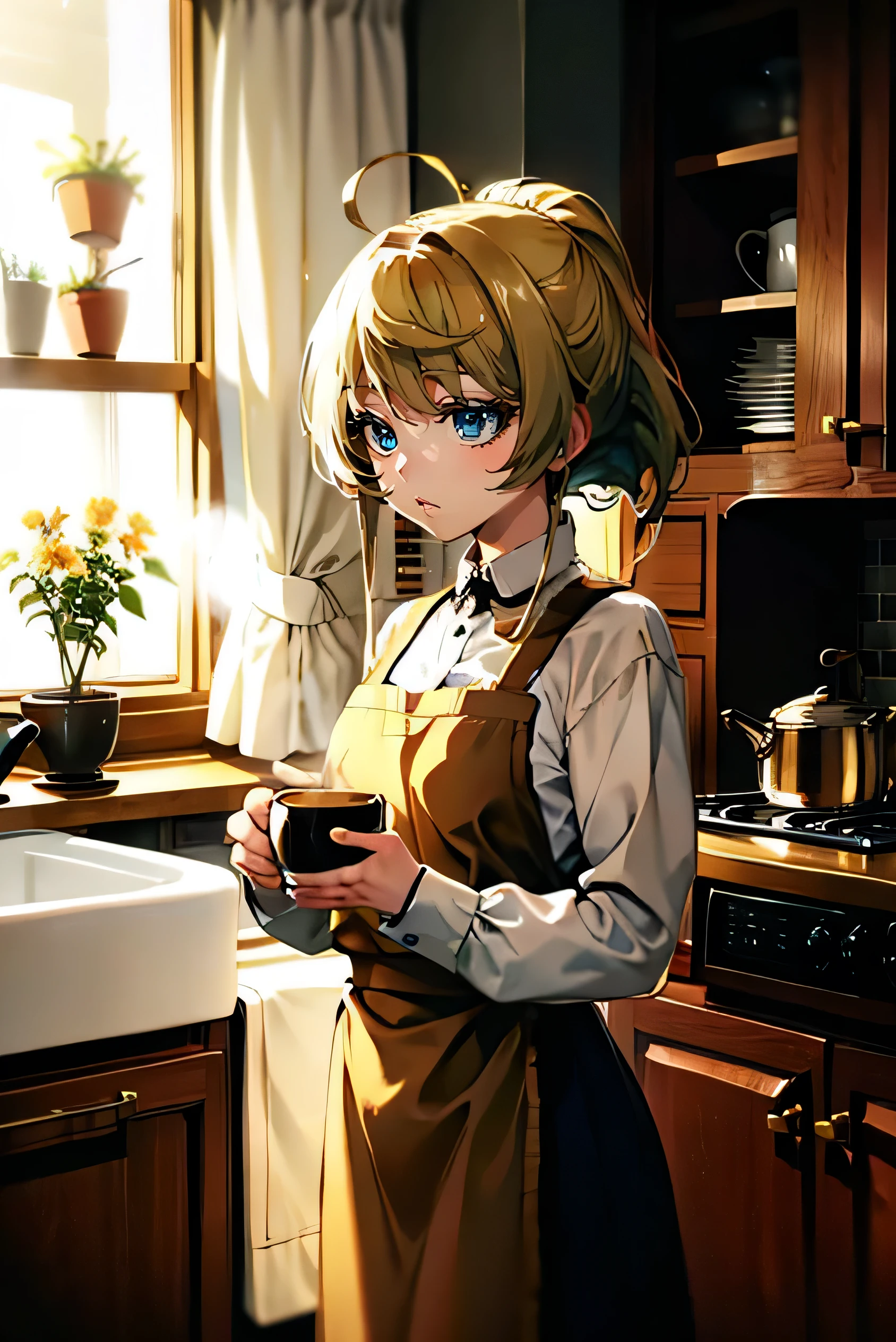 Cozy morning kitchen with sunlight streaming in A person is holding two stunning golden coffee mugs