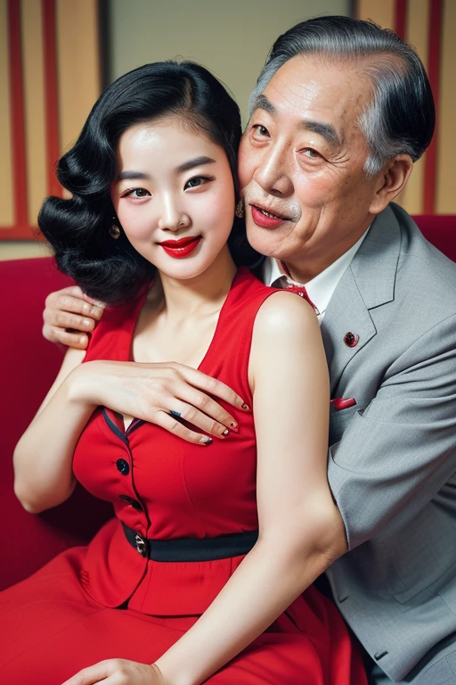 1952, Seoul, (((1 korean young girl and 1 old korean man facing each other))), {1 girl, 22 years old, big breasts, strikingly beautiful, delicate facial features, porcelain skin, expressive eyes, black hair, red lips, sexy, alluring pin-up girl in red dress with big polka dots, ((pin-up hairstyle)), blowing air kiss, slim waist, big breasts, juicy lips, ((awe and joy expression))}, professional photo, photorealistic, in the Dabang, The Original Korean Coffee House, (korean young girl sitting on the sofa),(((60 years old korean man wearing business suit))), (((60 years old korean man hugging on korean young girl's chest))), focus on old man,