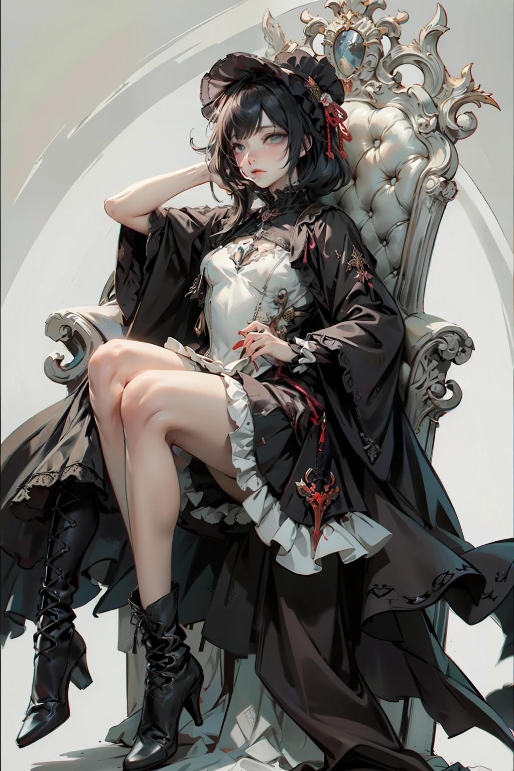 duffle coat, absurdres, RAW photo, extremely delicate and beautiful, masterpiece, Best Quality, ultra high resolution, 32k, hyperrealistic, ultra-detailed, detailed description, pale skin, 20 years old, tearful mole, earring, short medium hair, wavy hair, whole body shot, legs, Red eyes,
